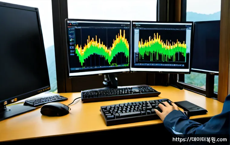 누하동 STATUS_CONTROL_C_EXIT - Photorealistic remote-support workstation in a compact Seoul hillside office, dual monitors showing ...