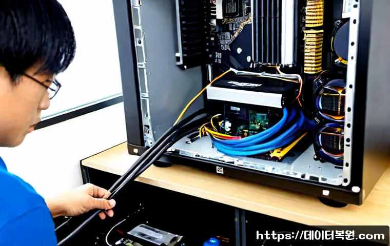 일산동구 쿨러조립 및 교체수리 - Photorealistic PC repair workstation in an Ilsandong-gu home office, technician carefully installing...