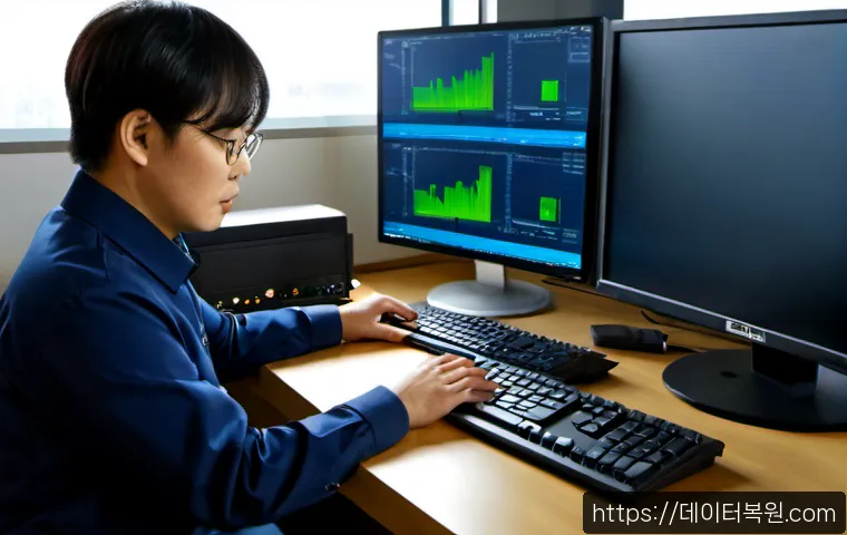 종로구 STATUS_DISK_CORRUPTION - Photorealistic IT technician at a modern workstation, examining a damaged solid-state drive beside a...