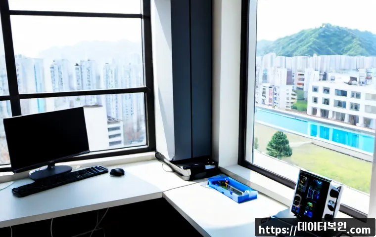 성사동 워크스테이션출장방문수리점 - Photorealistic workstation repair visit inside a compact Seongsadong apartment office, technician di...