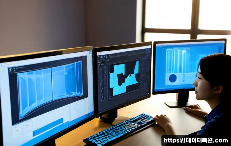 필동 STATUS_MEMORY_VIOLATION - Photorealistic software engineer at a modern dual-monitor workstation in a compact Pil-dong office, ...