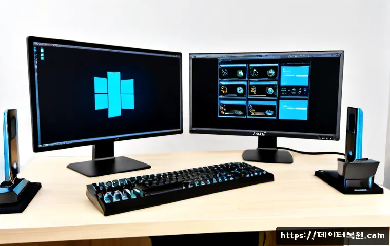 고양시 DRIVER_PORTION_MUST_BE_NONPAGED - Photorealistic IT support workstation in Ilsandong-gu, Goyang, dual monitors showing a clean abstrac...