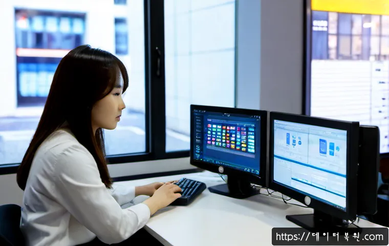 명동 STATUS_PAGE_FAULT - Photorealistic remote-support workstation in a compact Myeongdong office, IT specialist studying a d...