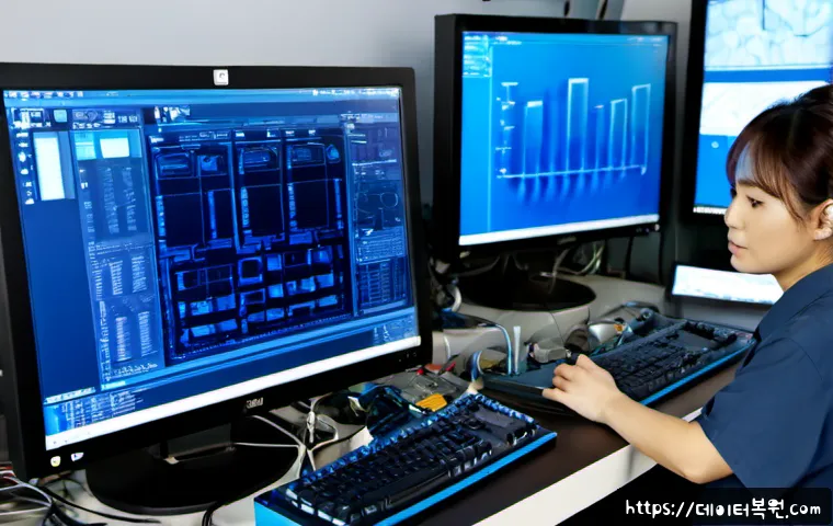 황학동 MACHINE_CHECK_EXCEPTION - Photorealistic computer repair workstation in a compact electronics market workshop, technician diag...