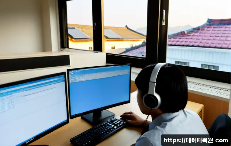 산황동 STATUS_FILE_LOCK_CONFLICT - Photorealistic remote-support workstation in a quiet Korean suburban office, dual monitors showing a...