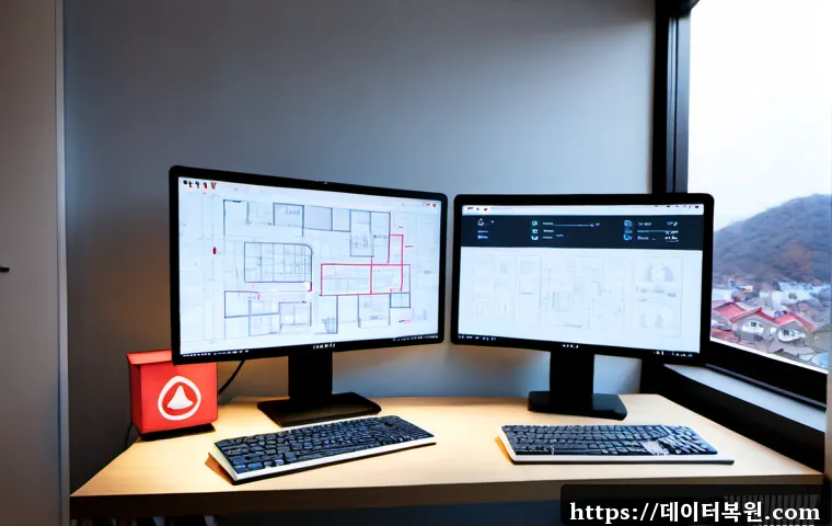 창성동 SYSTEM_LICENSE_VIOLATION - Photorealistic architectural visualization workstation in a compact Changseong-dong studio, dual mon...