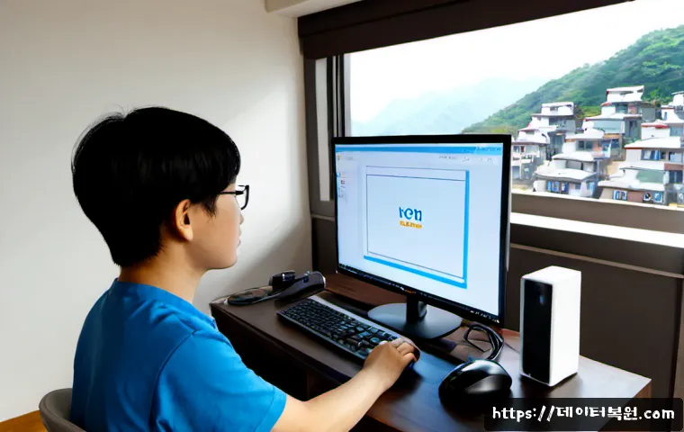 마천동 STATUS_NO_MEMORY - Photorealistic remote-support workstation in a compact hillside apartment, desktop monitor showing a...