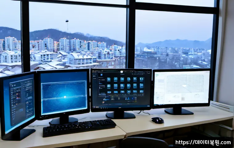 구의동 STATUS_KERNEL_CONNECTION_TIMEOUT - Photorealistic IT support workstation in a Guri-dong apartment office, dual monitors showing a froze...