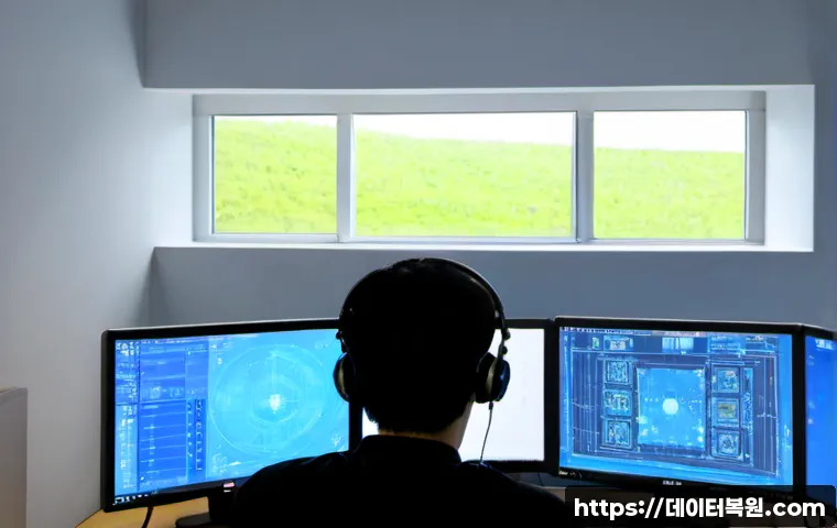 탄벌동 STATUS_KERNEL_MODE_EXCEPTION - Photorealistic IT support workstation in a compact Korean design office, dual monitors showing a bla...
