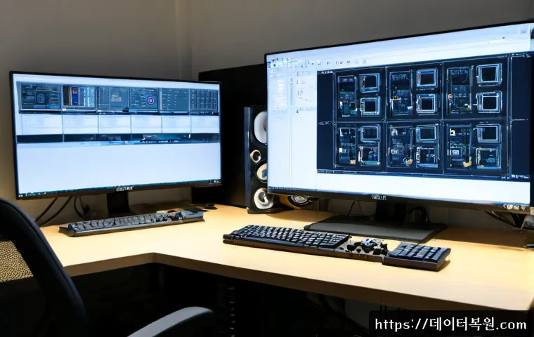 경기광주 PFN_LIST_CORRUPT - Photorealistic remote-support workstation in a Gyeonggi Gwangju design studio, dual monitors showing...