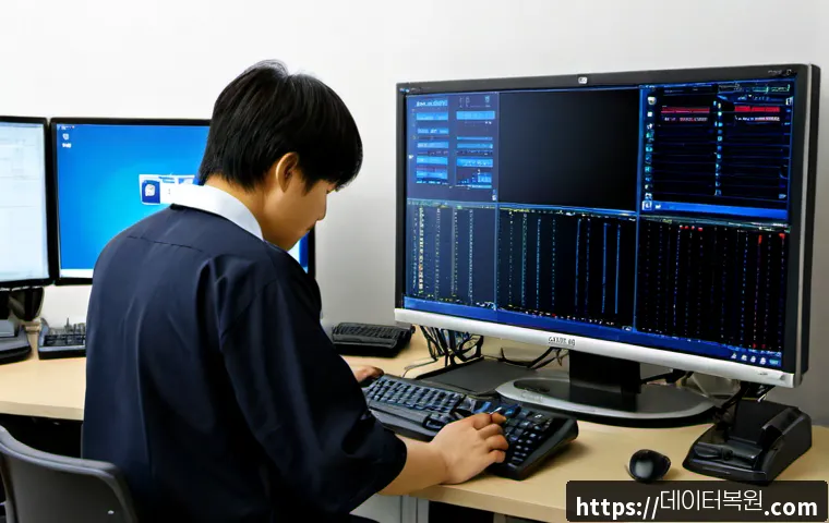 대덕동 SESSION5_INITIALIZATION_FAILED - Photorealistic IT support workstation in Daedeok-dong, a desktop monitor showing a blank software in...