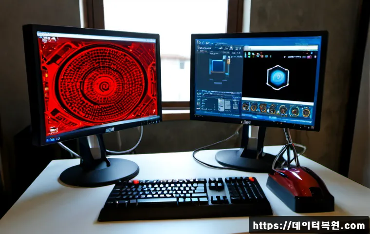 체부동 NMI_HARDWARE_FAILURE - Photorealistic desktop workstation in a compact Korean office near an old residential district, dual...