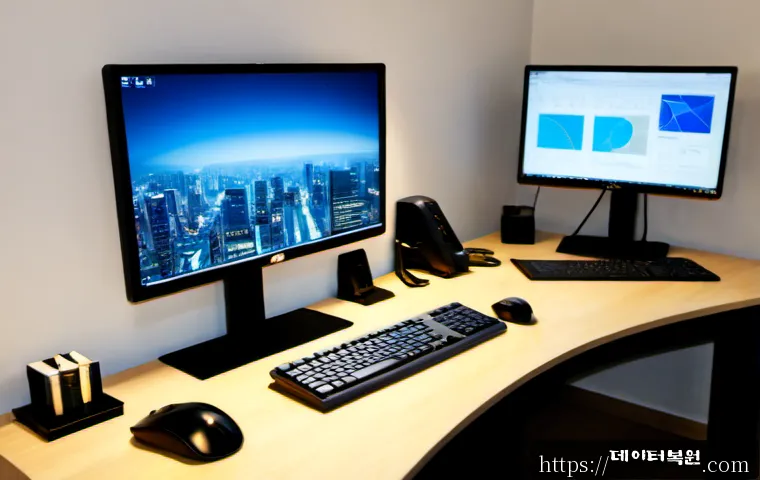 전농동 STATUS_FLOAT_INVALID_OPERATION - Photorealistic software support workstation in a compact apartment office, dual monitors displaying ...