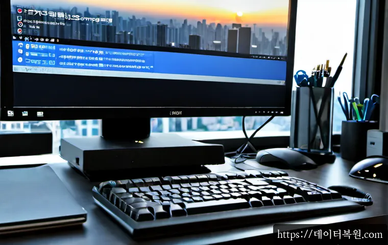 원신동 INTERNAL_POWER_ERROR - Photorealistic IT support workstation in a compact Korean office, desktop tower opened beside a moni...