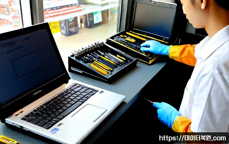 만리동 맥북프로 판매 및 수리 - Photorealistic premium laptop repair workstation in a compact Mallidong electronics shop, unbranded ...