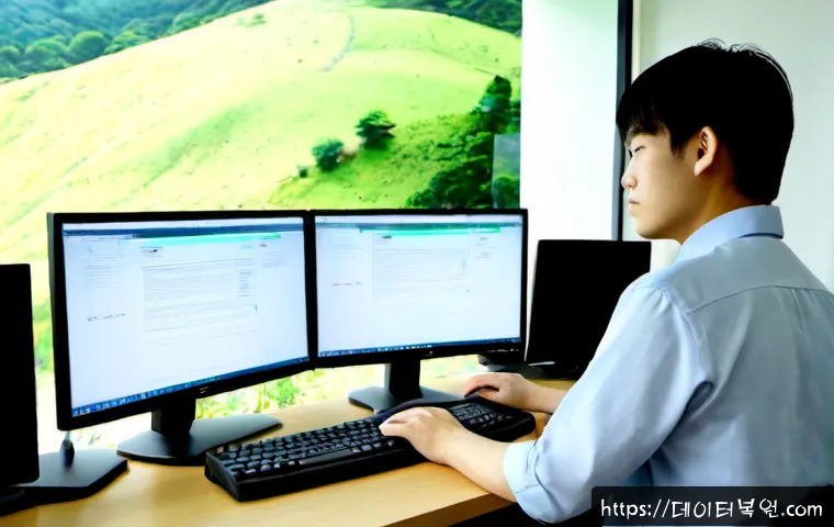 원지동 STATUS_MODULE_CORRUPTION - Photorealistic IT support workstation in a quiet Wonji-dong office, dual monitors showing a corrupte...