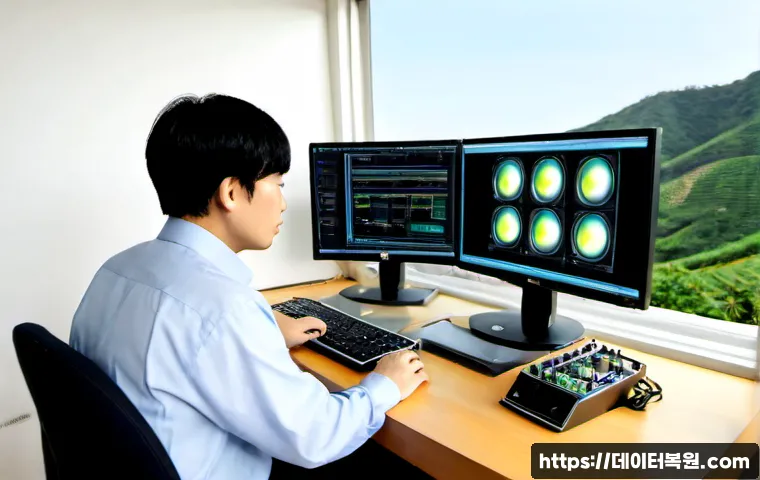 목현동 STATUS_KERNEL_THREAD_INTERRUPTED - Photorealistic IT support workstation in a quiet hillside neighborhood apartment, dual monitors show...