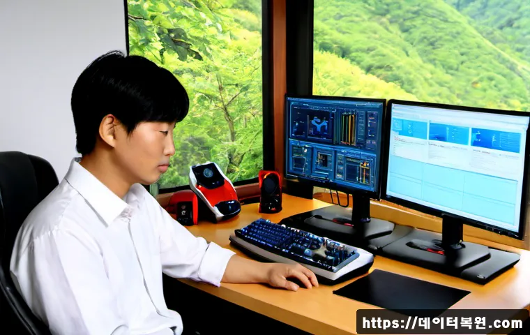 부암동 STATUS_KERNEL_STACK_CORRUPTION - Photorealistic remote-support workstation in a quiet Buam-dong hillside apartment, dual monitors sho...