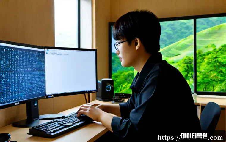 청운효자동 linux재설치 포맷  초기화 - Photorealistic remote-support technician reinstalling a Linux workstation at a clean dual-monitor de...
