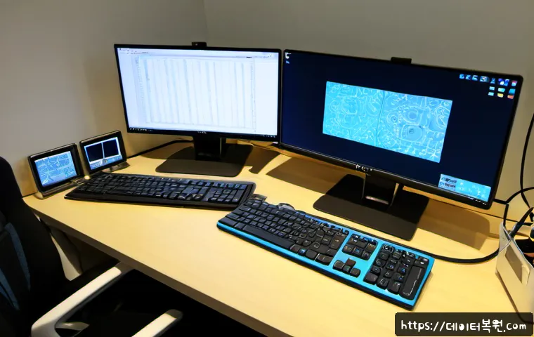 광희동 STATUS_KERNEL_DEVICE_ERROR - Photorealistic IT support workstation inside a compact Gwanghui-dong fashion studio, dual monitors s...