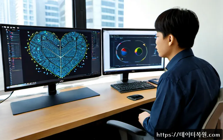 신당동 STATUS_INVALID_DISPOSITION - Photorealistic IT support workstation in a compact Sindang-dong studio office, dual monitors showing...