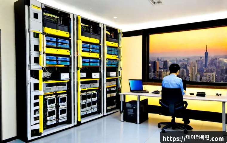관훈동 파일서버출장방문수리점 - Photorealistic IT technician performing an on-site file server repair in a compact Kwanhun-dong desi...