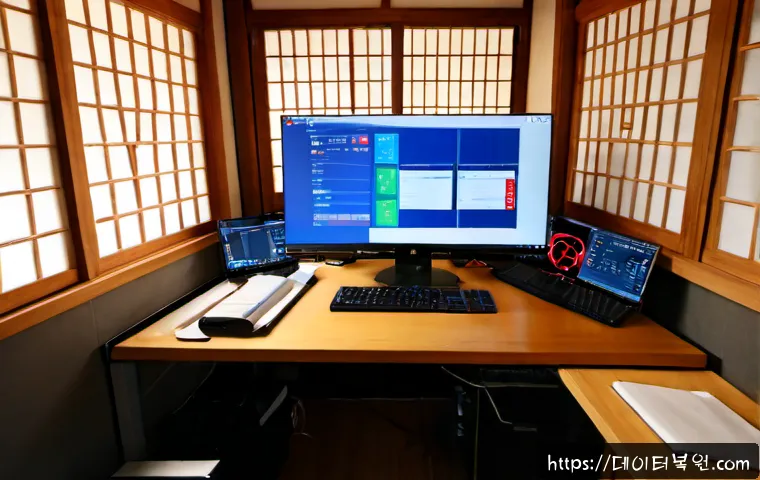 체부동 STATUS_KERNEL_PERMISSION_DENIED - Photorealistic IT support workstation in a quiet Seoul hanok-inspired office, dual monitors showing ...