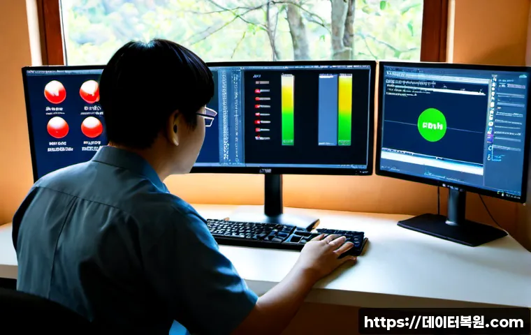 우장산 REGISTRY_ERROR - Photorealistic IT support workstation in a quiet neighborhood office near wooded hills, dual monitor...
