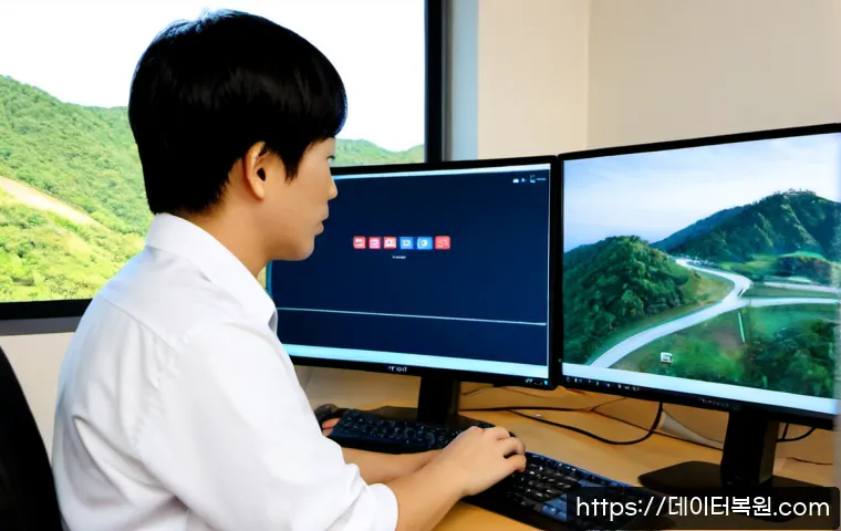 중부면 INVALID_KERNEL_HANDLE - Photorealistic IT support workstation in a quiet semi-rural Korean office near wooded hills, dual mo...
