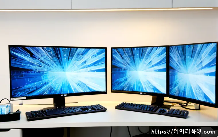 의주로 DRIVER_PORTION_MUST_BE_NONPAGED - Photorealistic IT support workstation in a compact Uiju-ro office, dual monitors showing a frozen bl...