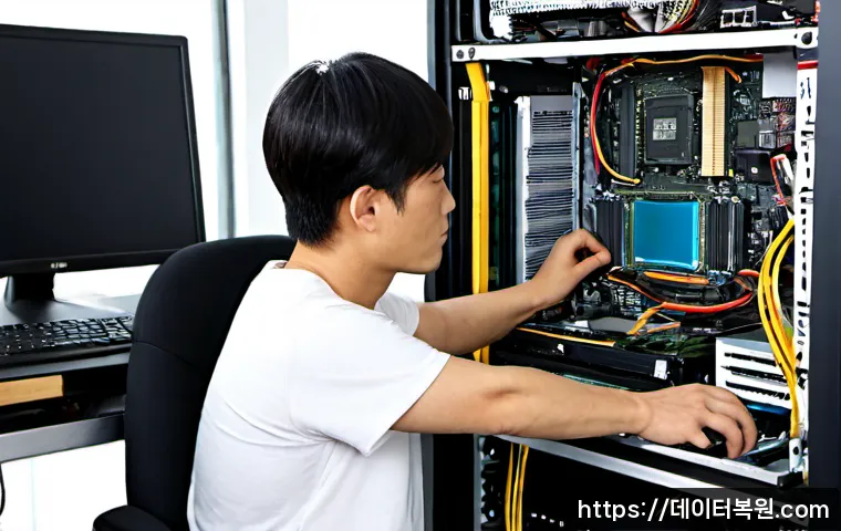 소격동 VGA조립 및 교체수리 - Photorealistic PC repair workstation in a quiet Sogyeok-dong studio, technician carefully installing...