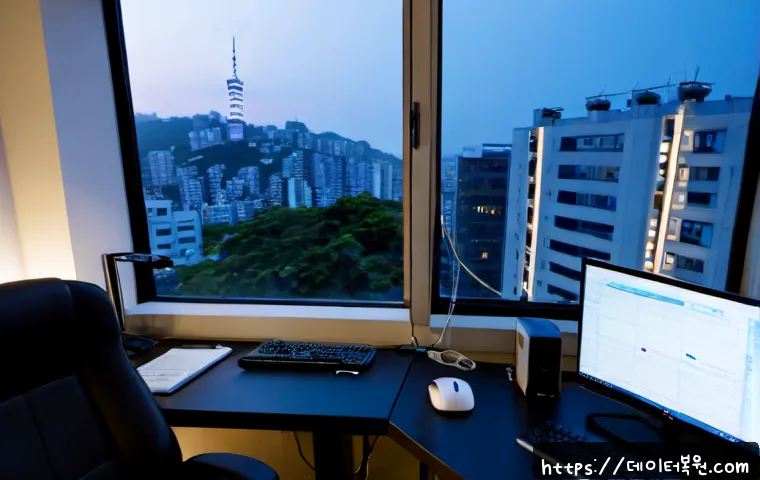 화정동 STATUS_KERNEL_CONNECTION_TIMEOUT - Photorealistic IT support workstation in a compact Hwajeong-dong apartment office, dual monitors sho...