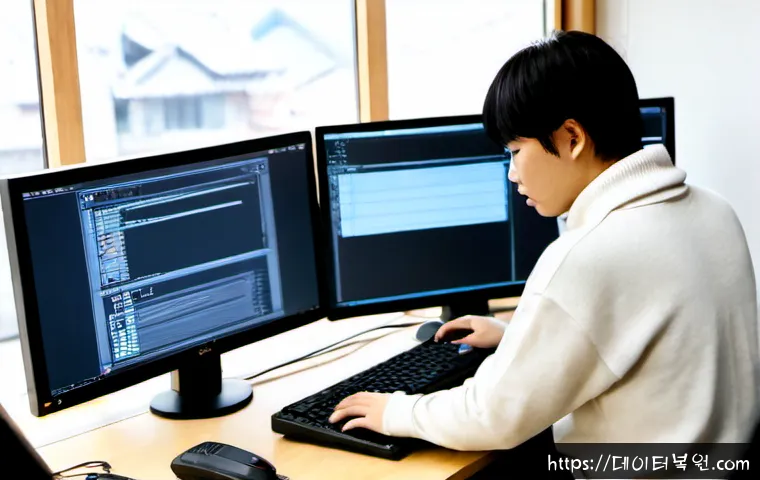 훈정동 STATUS_KERNEL_THREAD_FAILURE - Photorealistic remote-support workstation in a compact Seoul studio, dual monitors showing a blank d...