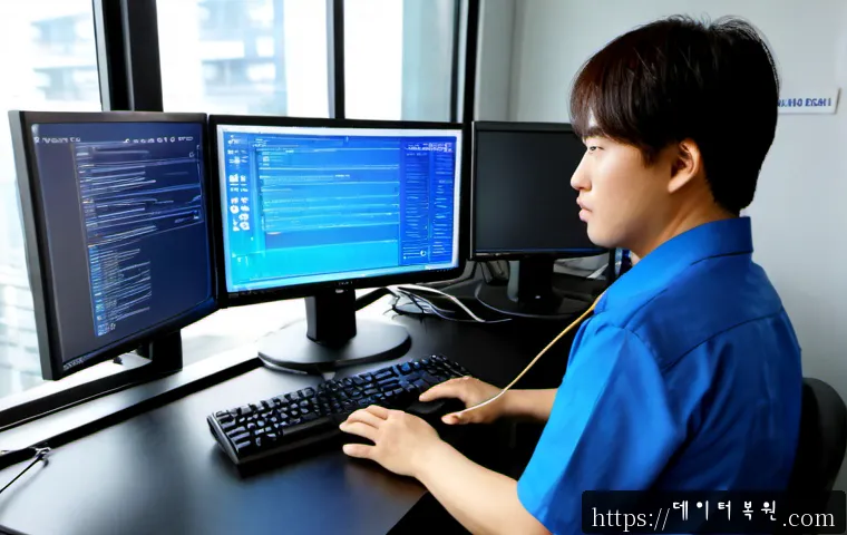 봉익동 STATUS_KERNEL_SECURITY_CHECK - Photorealistic IT support workstation in a compact Bongik-dong office, dual monitors showing abstrac...