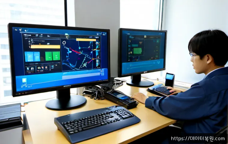 관철동 SYSTEM_SERVICE_EXCEPTION - Photorealistic IT support workstation in a compact Jongno district office, dual monitors showing a b...