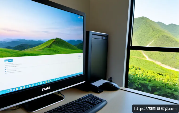 과천동 STATUS_SYSTEM_FILE_MISSING - Photorealistic IT support workstation in a quiet Gwacheon apartment office, dual monitors showing a ...