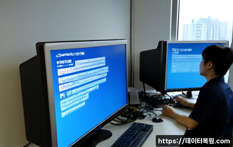 관산동 KERNEL_SECURITY_CHECK_FAILURE - Photorealistic IT support workstation in a quiet Gwangsan-dong apartment office, dual monitors showi...
