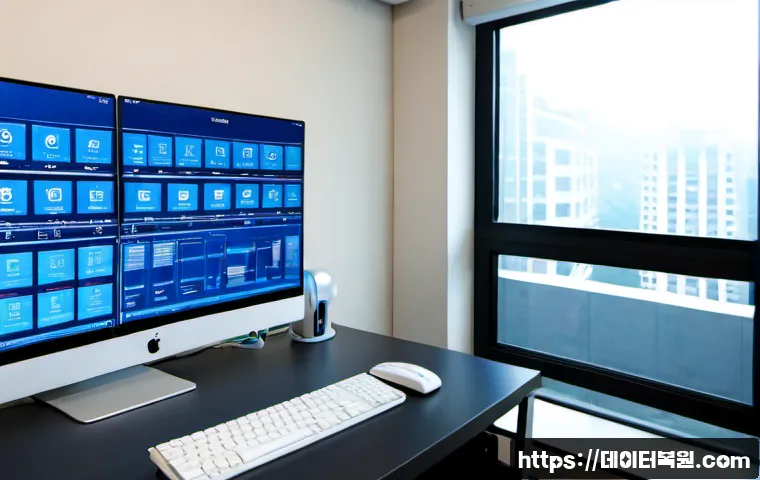 옥길동 STATUS_KERNEL_LOG_FAILURE - Photorealistic IT support workstation in a modern Okgil-dong apartment office, dual monitors showing...