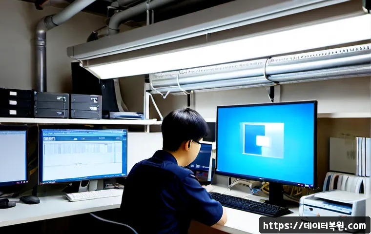 을지로 STATUS_KERNEL_THREAD_FAILURE - Photorealistic IT support workstation inside a compact Euljiro-style printing workshop office, techn...