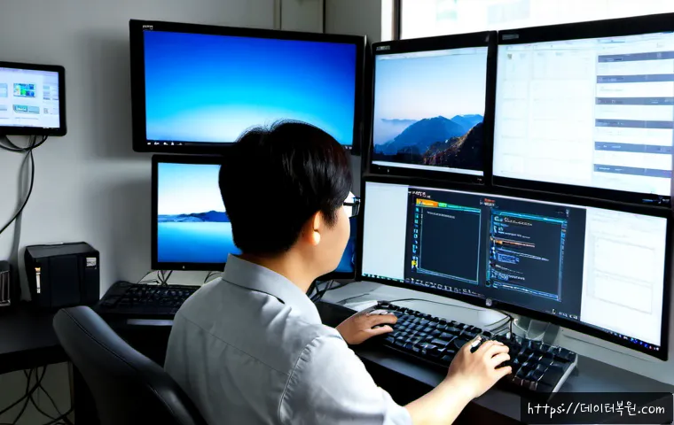 북창동 WIN32K_LOCK_HELD_TOO_LONG - Photorealistic IT support workstation in a compact office near an old Seoul commercial district, dua...