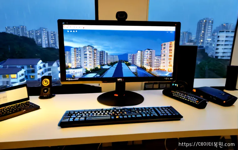 옥길동 절전모드 - Photorealistic remote-support workstation in a quiet modern apartment district, ultrawide monitor sh...
