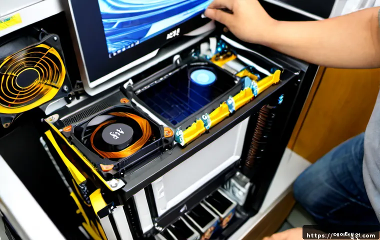 장항동 쿨러조립 및 교체수리 - Photorealistic PC repair workstation in Janghang-dong, technician carefully installing a large tower...