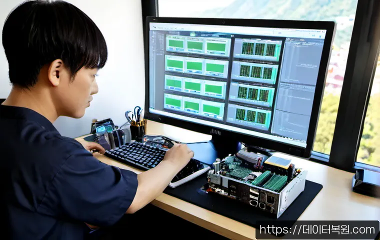 미아리 cpu조립 및 교체수리 - Photorealistic computer repair workstation in a compact Mia-ri apartment office, technician carefull...