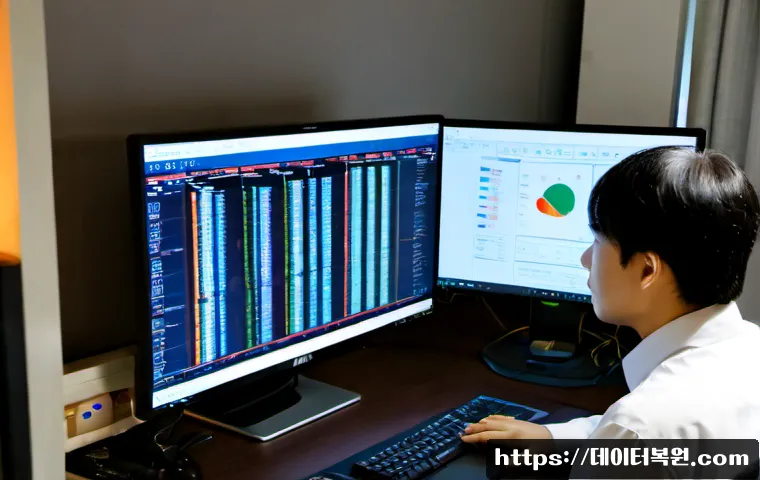 무교동 STATUS_DISK_READ_FAILURE - Photorealistic IT support workstation in a compact Mugyo-dong office, an analyst studying a desktop ...