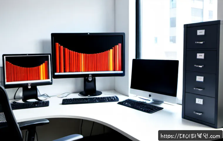내자동 STATUS_DISK_FULL - Photorealistic IT support workstation in a compact Naeja-dong office, frustrated designer facing a n...