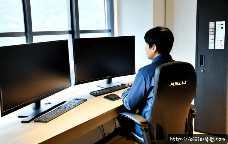 신영동 입력신호가 없습니다 - Photorealistic IT support workstation in a compact hillside Seoul apartment office, dual monitors wi...