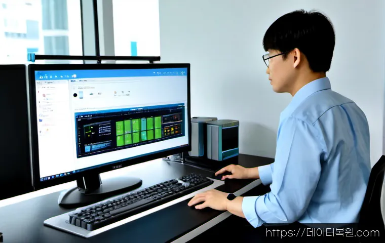 신도림 DEVICE_DRIVER_MISMATCH - Photorealistic IT support workstation in a modern Sindorim high-rise office, dual monitors showing a...