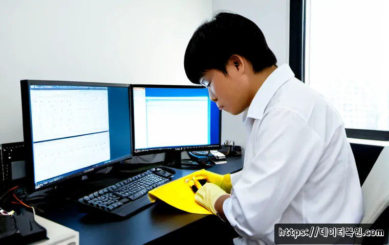 덕은동 HARDWARE_FAILURE - Photorealistic IT support workstation in a modern Deogeun-dong office, desktop tower opened beside a...