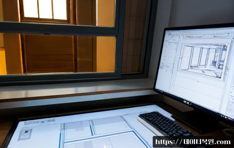 공평동 절전모드 - Photorealistic compact architecture workstation in Gongpyeong-dong, Seoul, dual monitors showing a d...