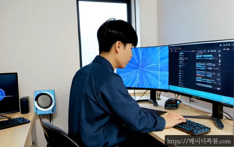 행주동 KMODE_EXCEPTION_NOT_HANDLED - Photorealistic IT support workstation in a quiet Hangju-dong apartment, dual monitors showing an abs...